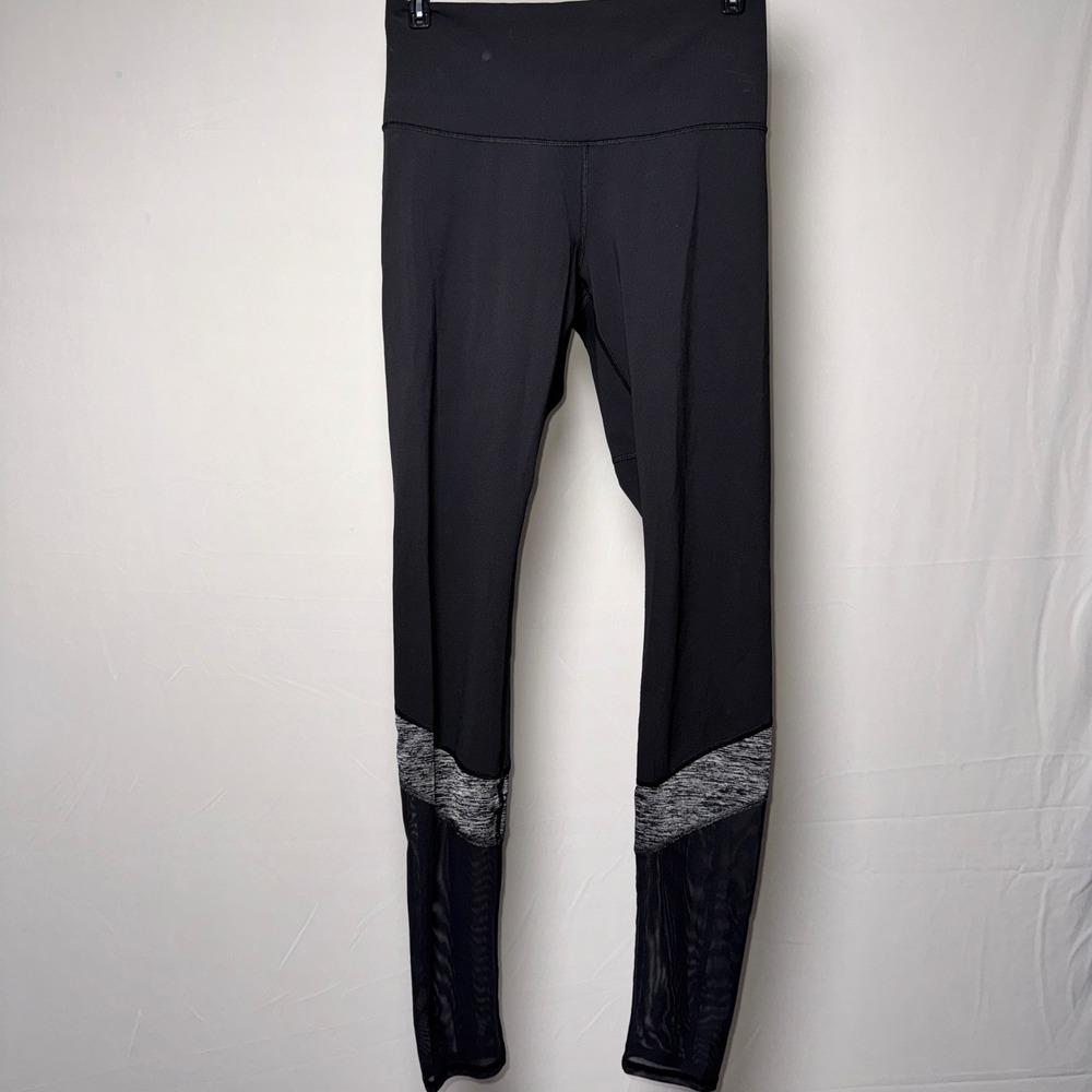 Lululemon Black Mesh Panel High Rise Leggings Size 8 Heathered Grey Trim Yoga